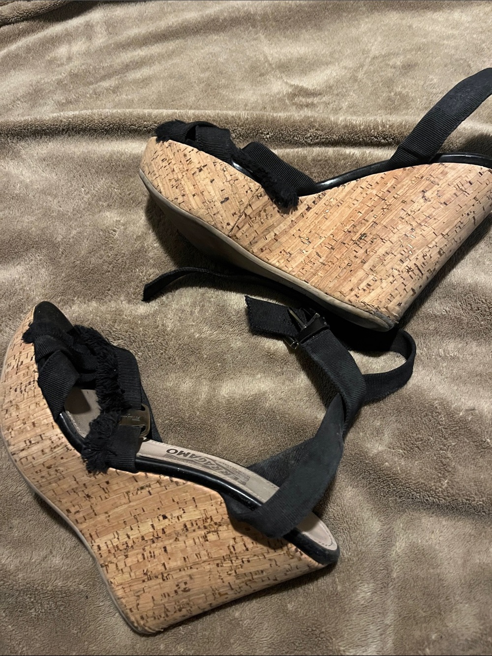 Salvatore Ferragamo Black Ribbon Cork Wedge Sandals